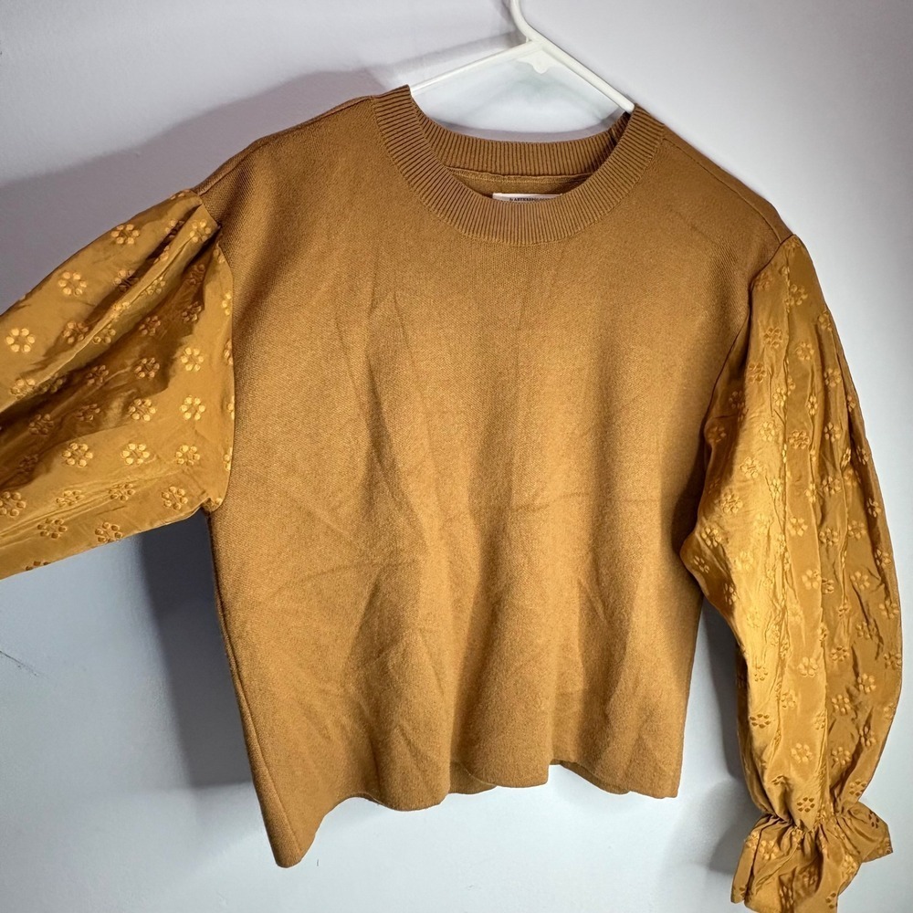 Anthropologie Brown Knit Sweater Balloon Sleeve Floral Embroidered Size S